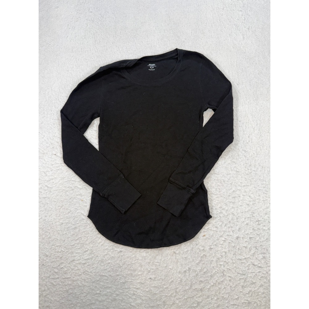 Old Navy Womens Small Black Waffle Knit Thermal Long Sleeve Curved Hem Top